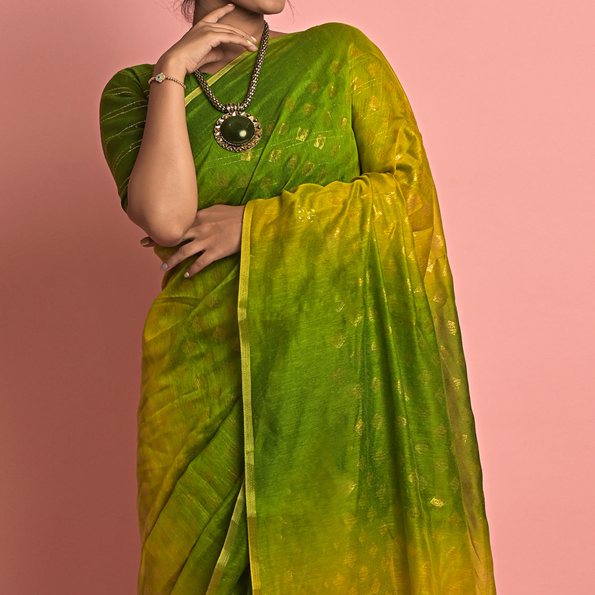green-olive-foil-printed-poly-cotton-saree