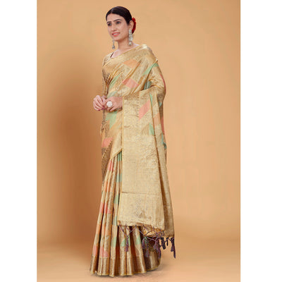 Chikoo Woven Organza Saree With Tassels