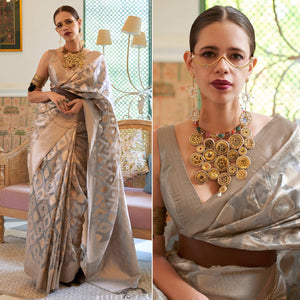 Grey Woven Art Silk Saree With Tassels