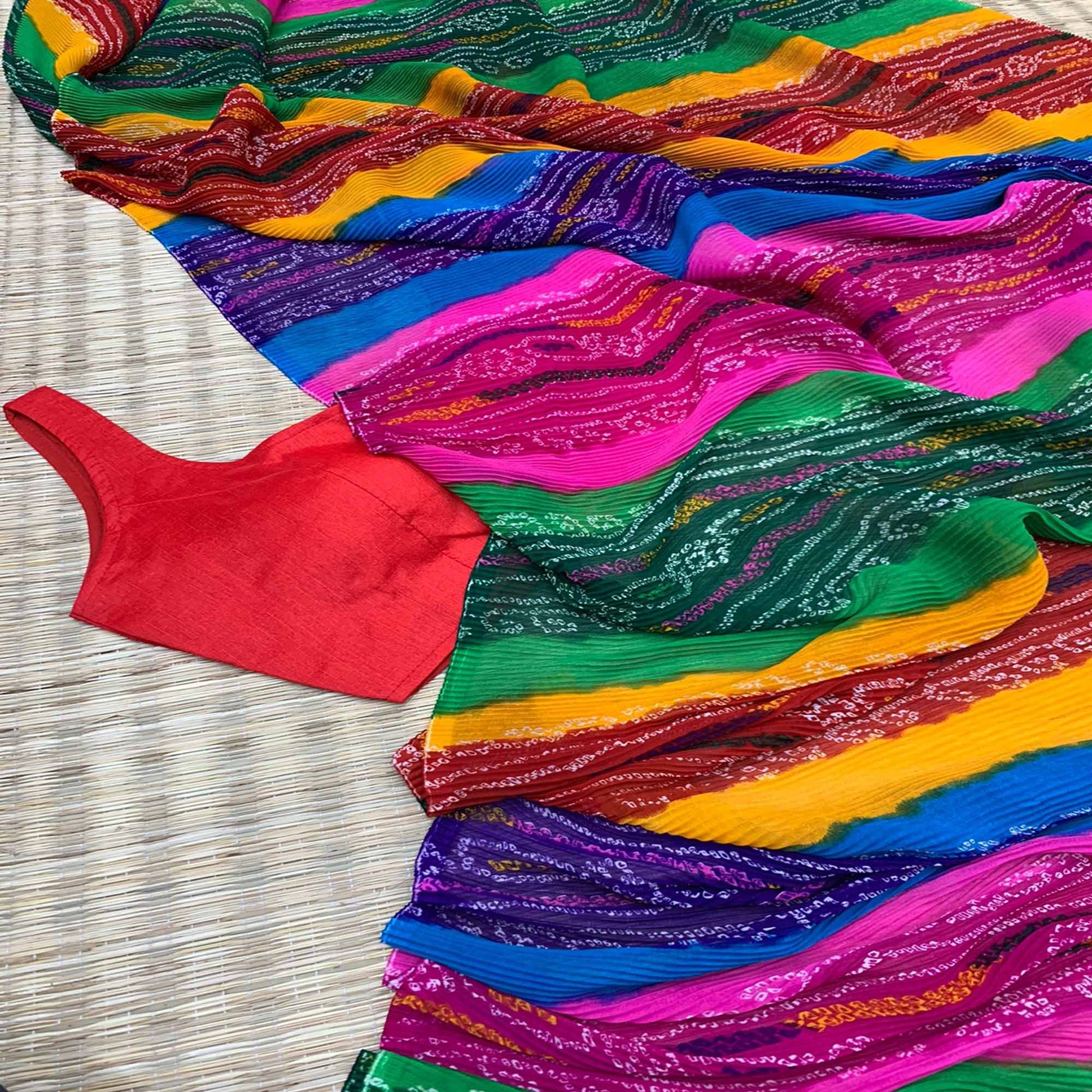 Multicolor Bandhani Printed Crush Georgette Saree