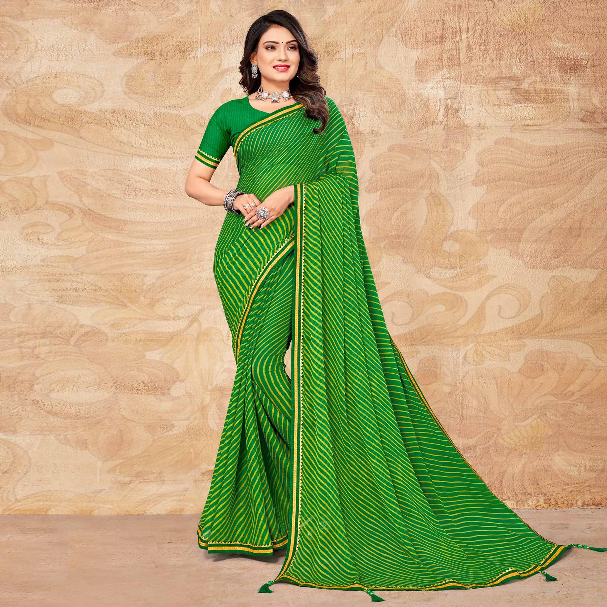green-digital-striped-printed-chiffon-saree-with-tassels