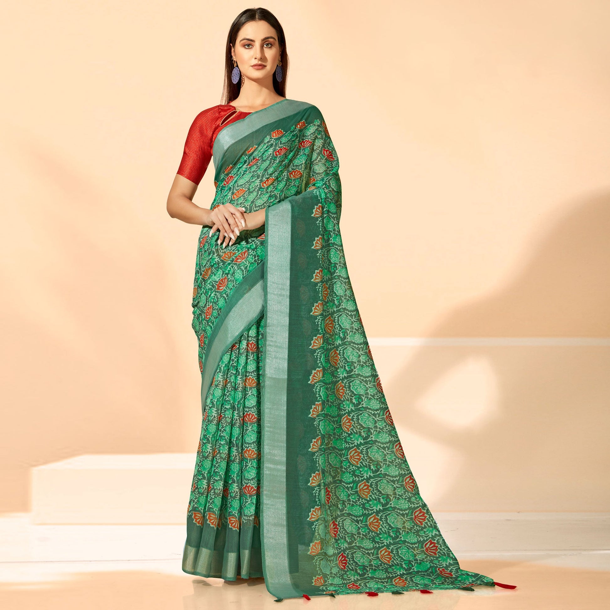 green-printed-cotton-silk-saree-with-tassels-2