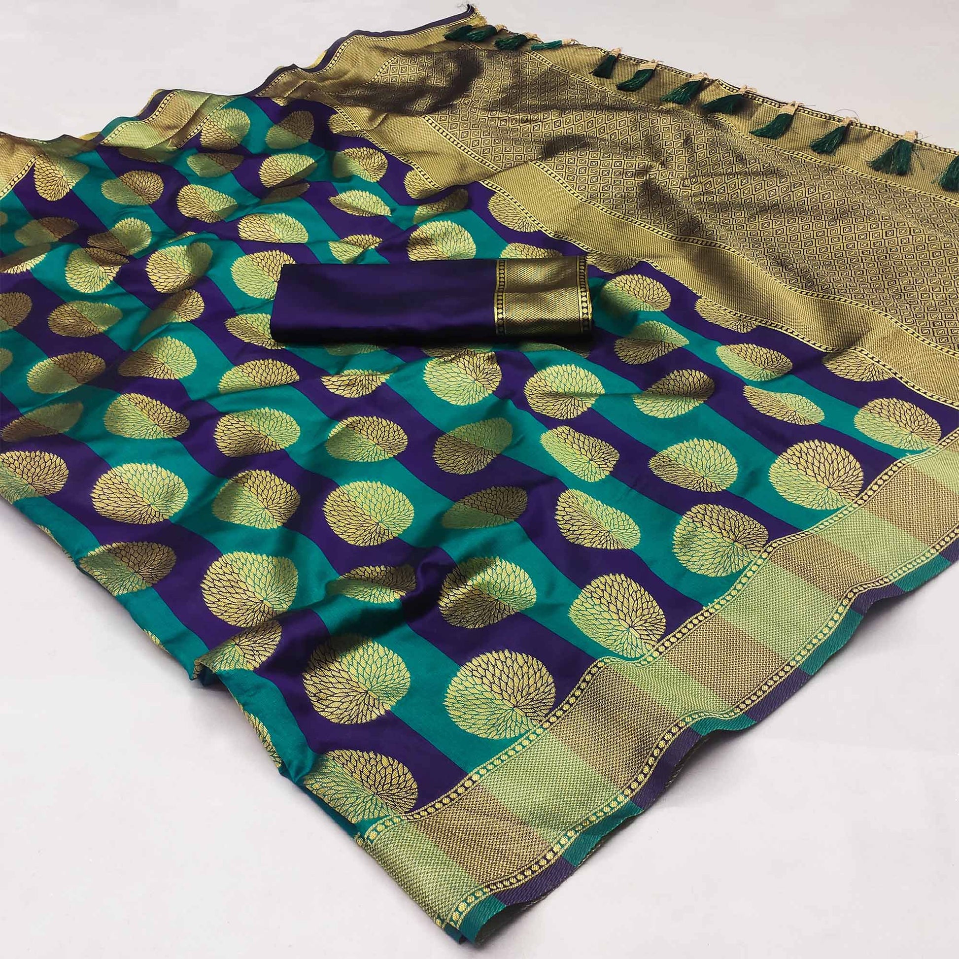 Firozi And Navy Blue Woven Jacquard Saree With Tassels