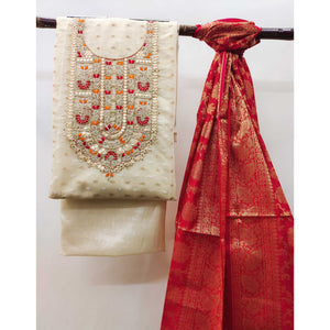 Cream Woven With Handwork Banarasi Silk Dress Material