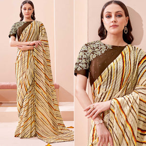 Cream Printed With Embroidered Georgette Saree