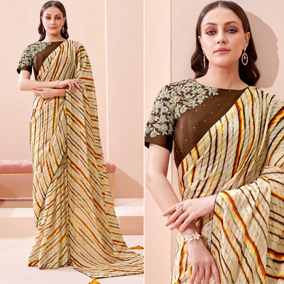 Cream Printed With Embroidered Georgette Saree