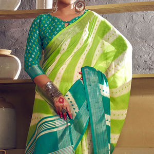 green-blue-printed-with-zari-border-linen-saree