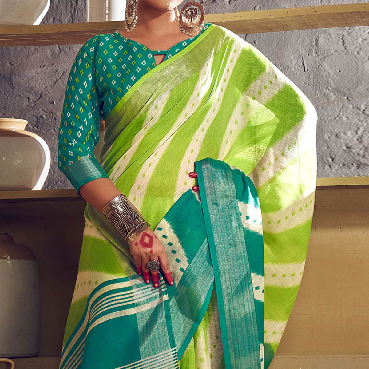green-blue-printed-with-zari-border-linen-saree