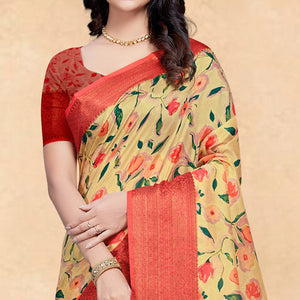 Light Yellow Floral Digital Printed Tussar Silk Saree