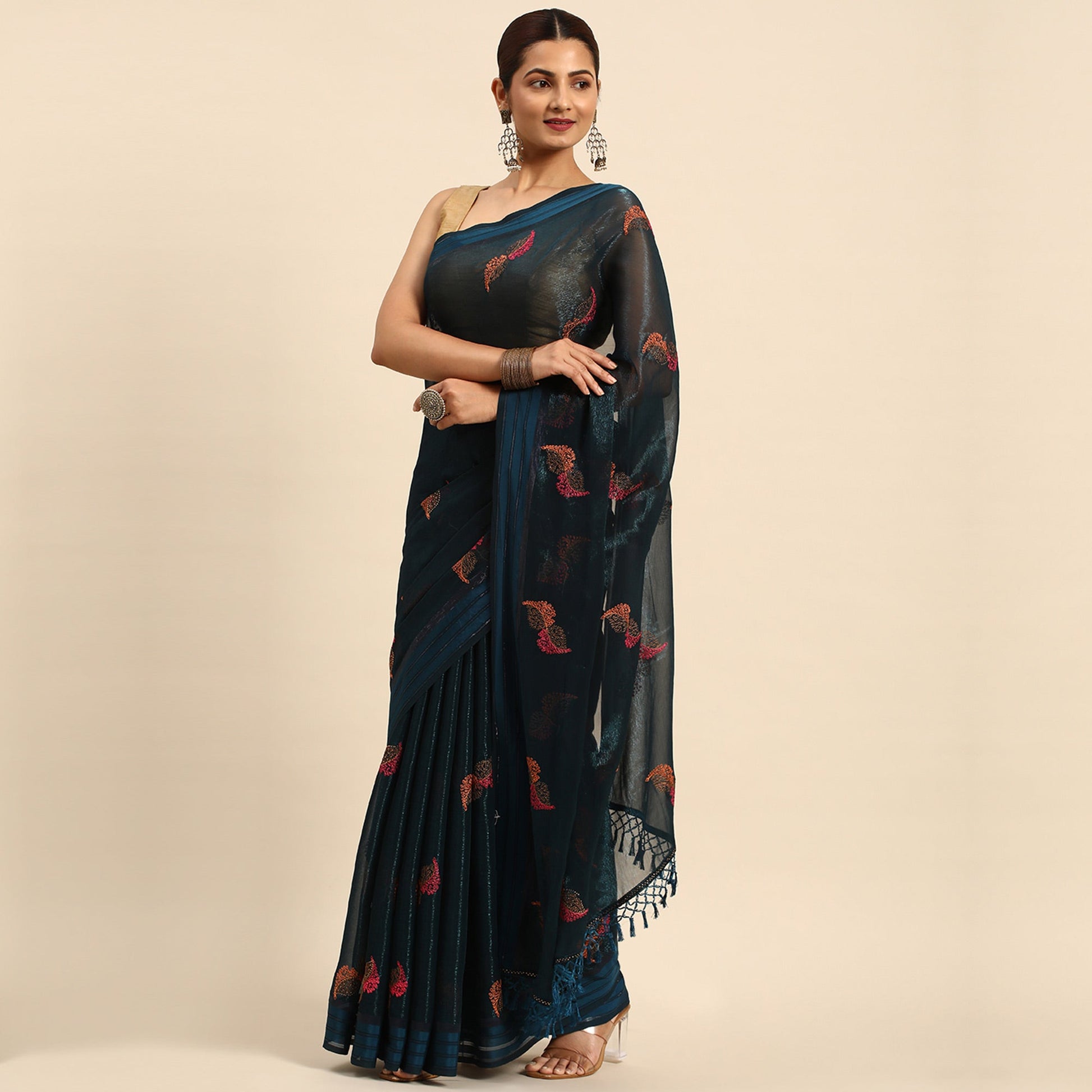 Blue Swarovski With Embroidery Work Chiffon Saree