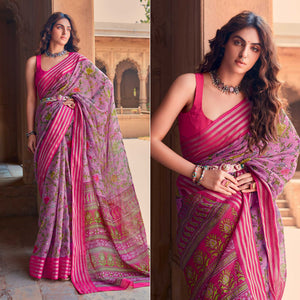 Light Purple Floral Printed Linen Saree