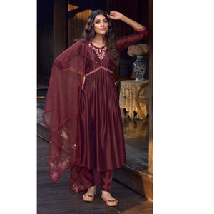Maroon Floral Embroidered Art Silk Naira Cut Suit