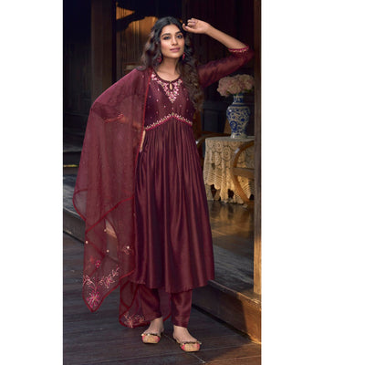 Maroon Floral Embroidered Art Silk Naira Cut Suit