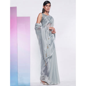Grey Solid Organza Saree With Tassels