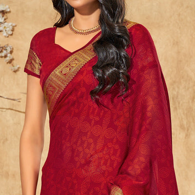 Maroon Printed Chiffon Saree With Brocade Lace
