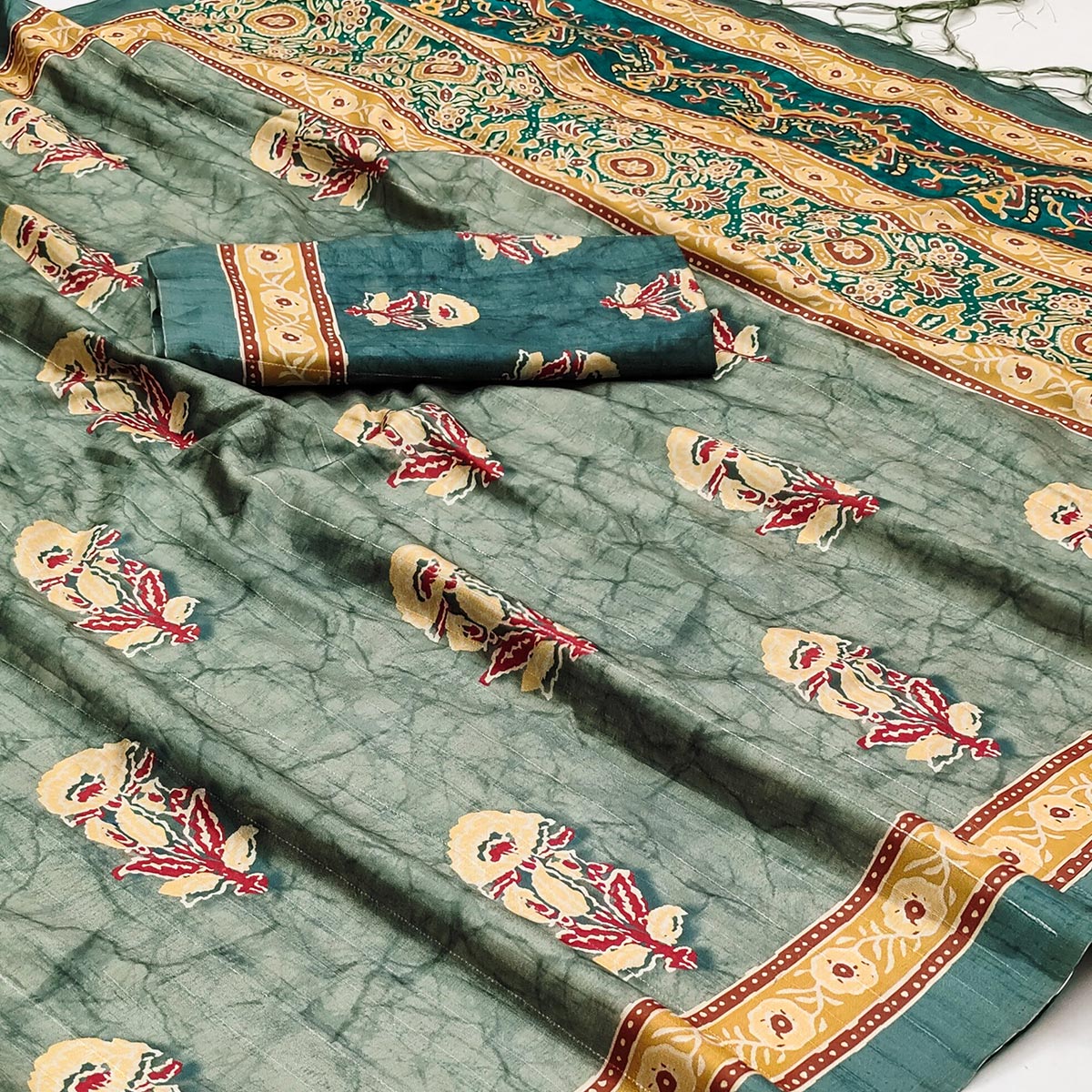 grey-floral-digital-printed-tussar-silk-saree-with-tassels