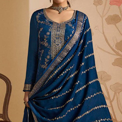 Blue Woven And Embroidered Dola Silk Palazzo Suit