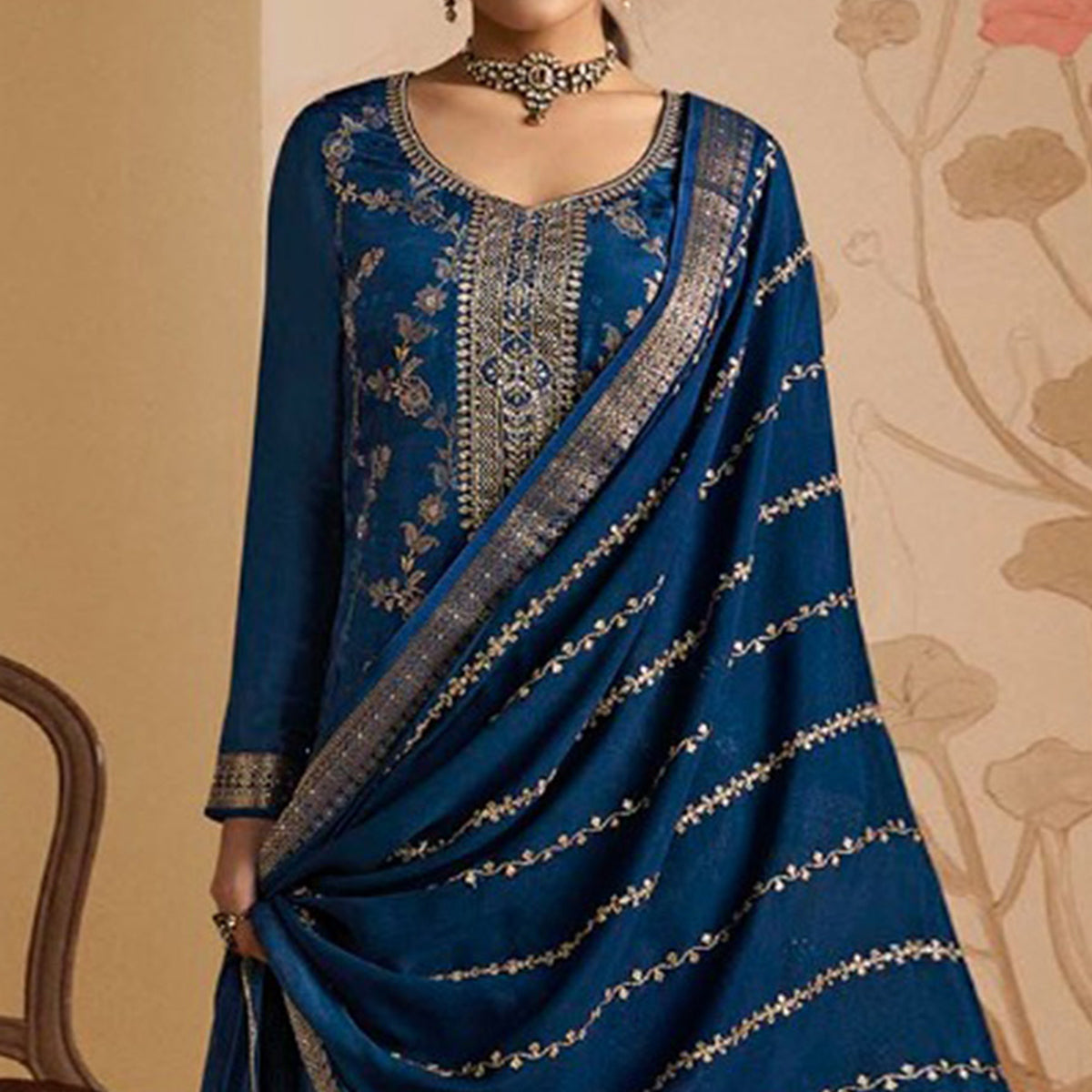 Blue Woven And Embroidered Dola Silk Palazzo Suit