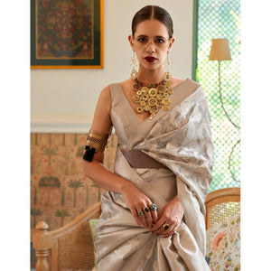 Grey Woven Art Silk Saree With Tassels