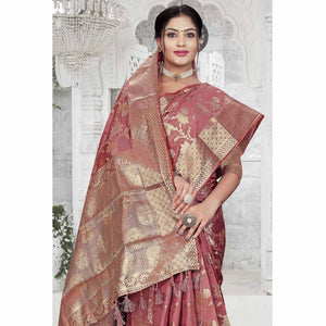 Mauve Floral Woven Organza Saree With Tassels