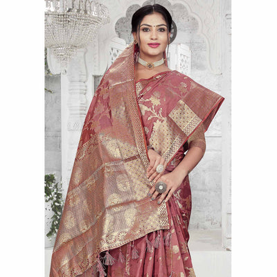 Mauve Floral Woven Organza Saree With Tassels