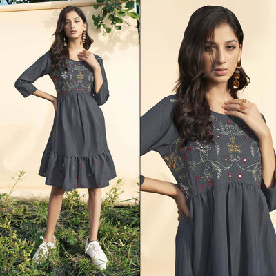 grey-embroidered-rayon-short-dress