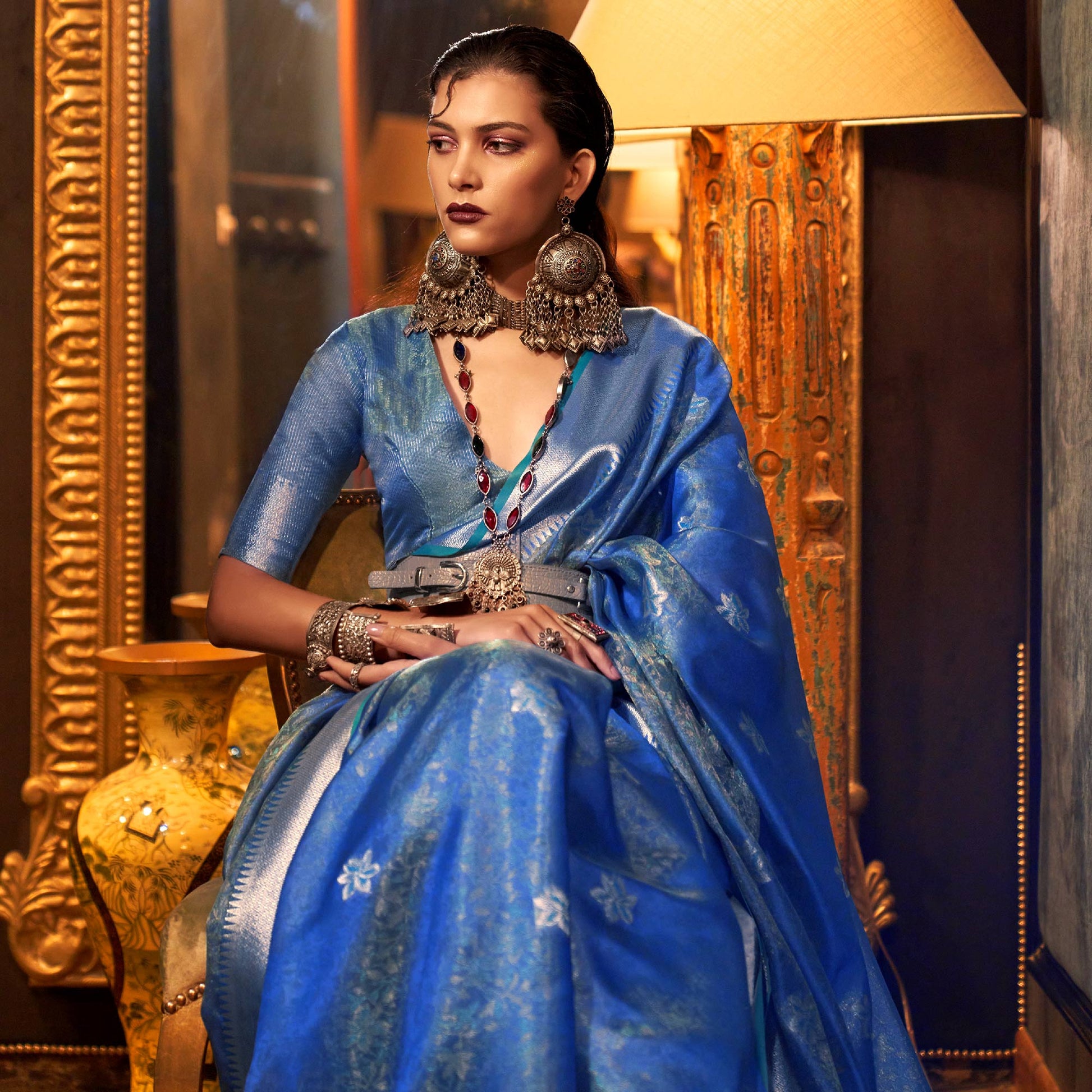 Light Blue Woven Organza Saree With Tassels