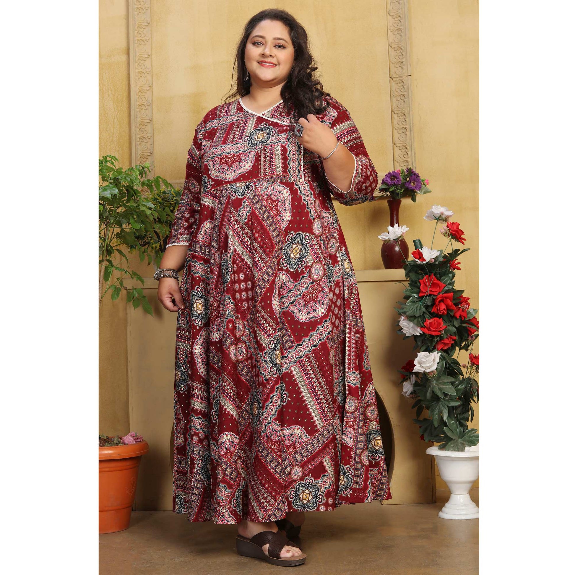 Maroon Floral Printed Long Kurti