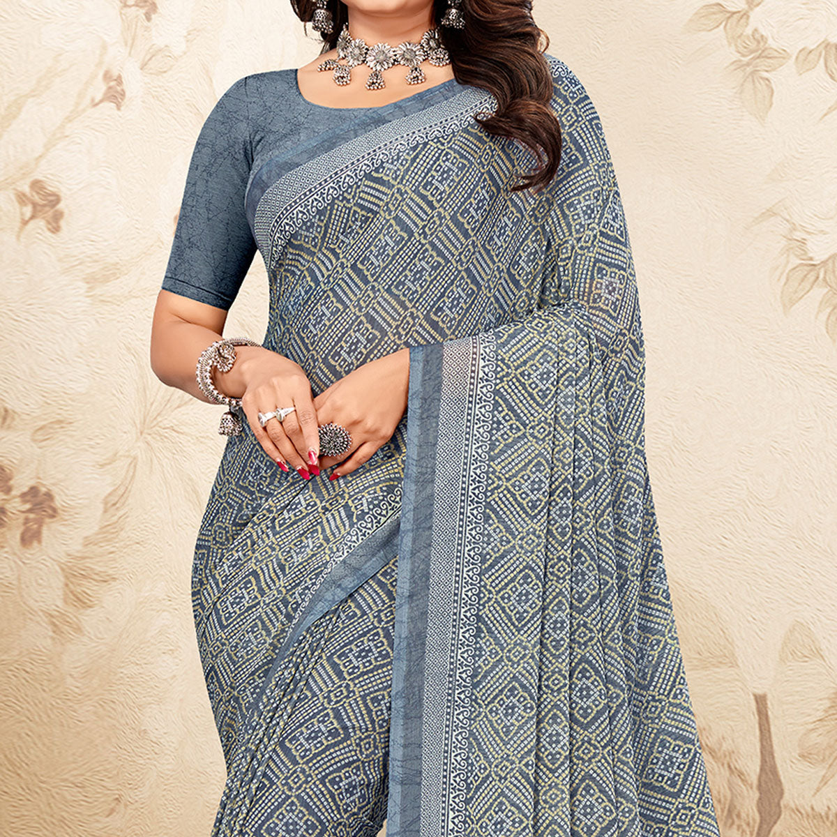grey-bandhani-printed-chiffon-saree-1