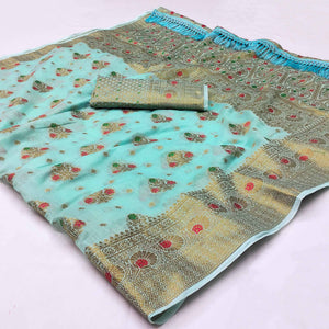Blue Woven Cotton Blend Saree With Tassels