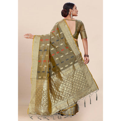 Mehendi Green Woven Organza Saree With Tassels