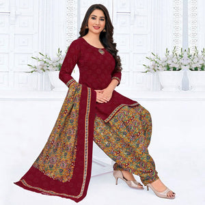 Maroon Printed Crepe Patiala Dress Material