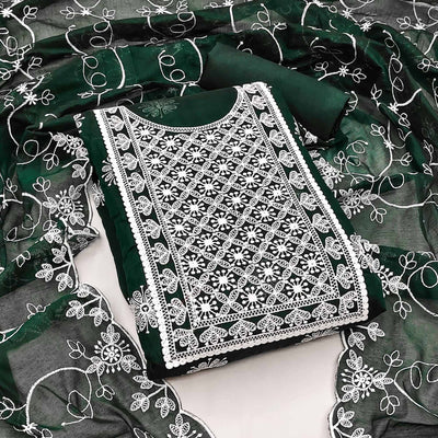 Bottle Green Floral Embroidered Chanderi Dress Material