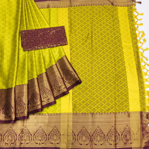 Lemon Green Woven Cotton Silk Saree With Tassels