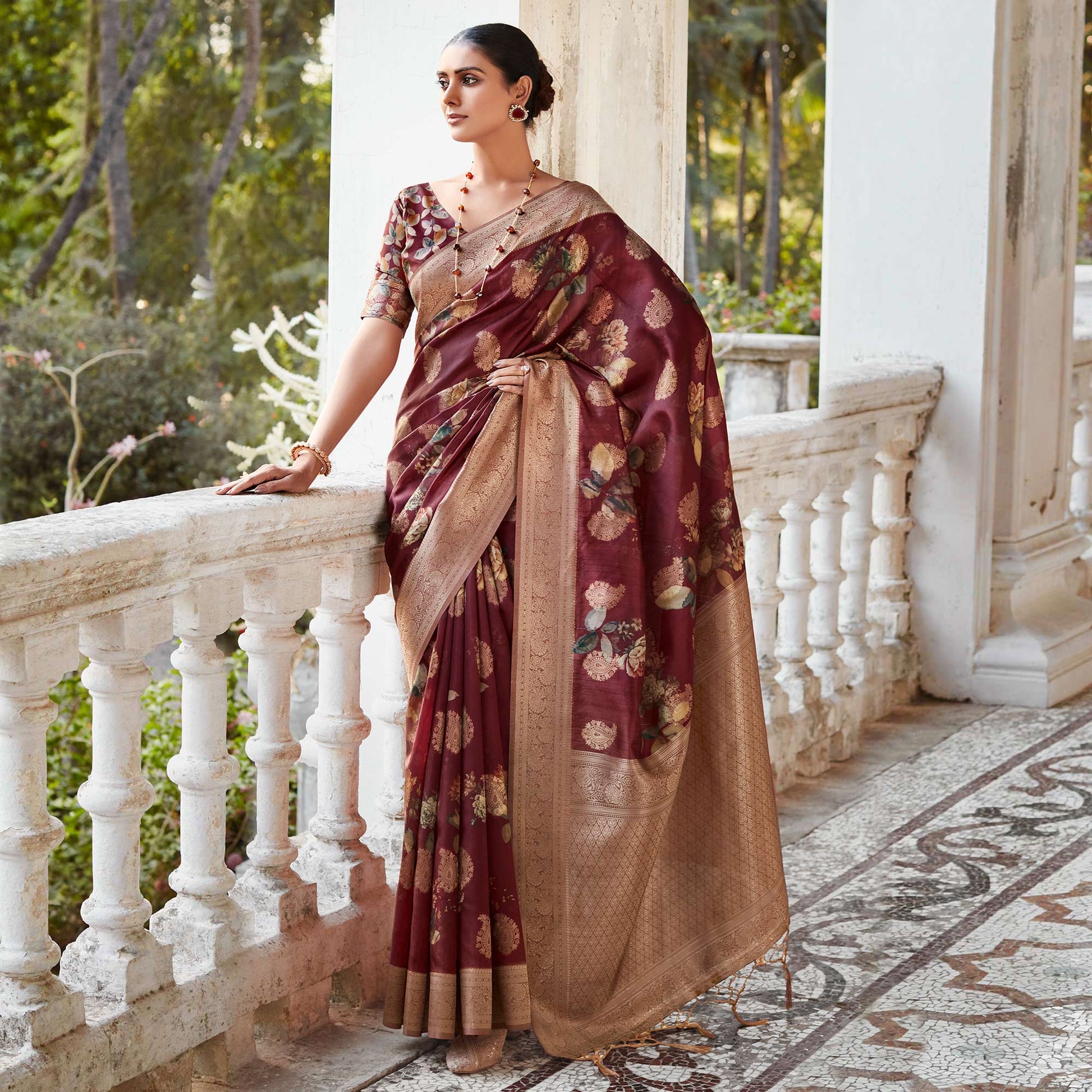 Maroon Woven With Floral Printed Art Silk Saree