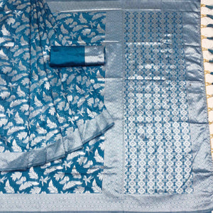 Blue Woven Cotton Silk Saree With Tassels