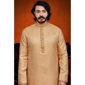Cream Woven Jacquard Kurta Pyjama Set