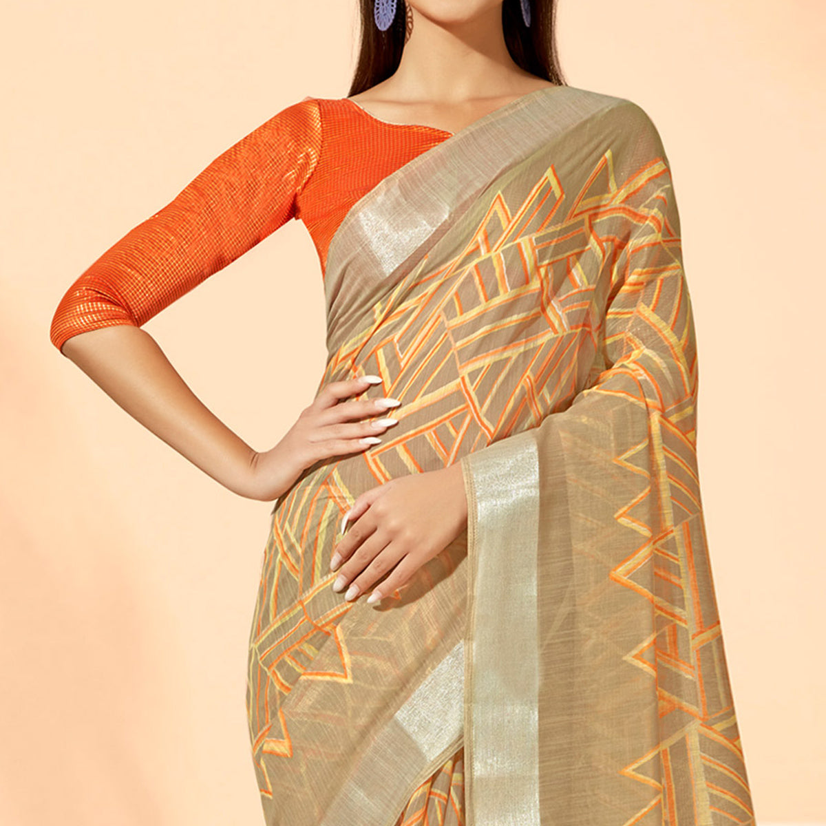 Chikoo Printed Cotton Silk Saree With Tassels