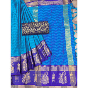 Blue Woven Cotton Silk Saree With Tassels