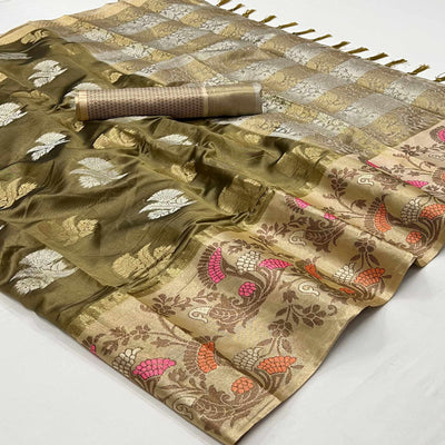 Mehendi Green Floral Woven Organza Saree With Tassels