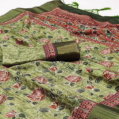 green-floral-printed-matka-tussar-saree-with-tassels