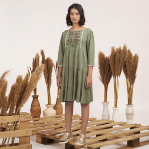green-floral-embroidered-rayon-short-dress