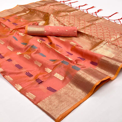 Dark Peach Floral Woven Organza Saree