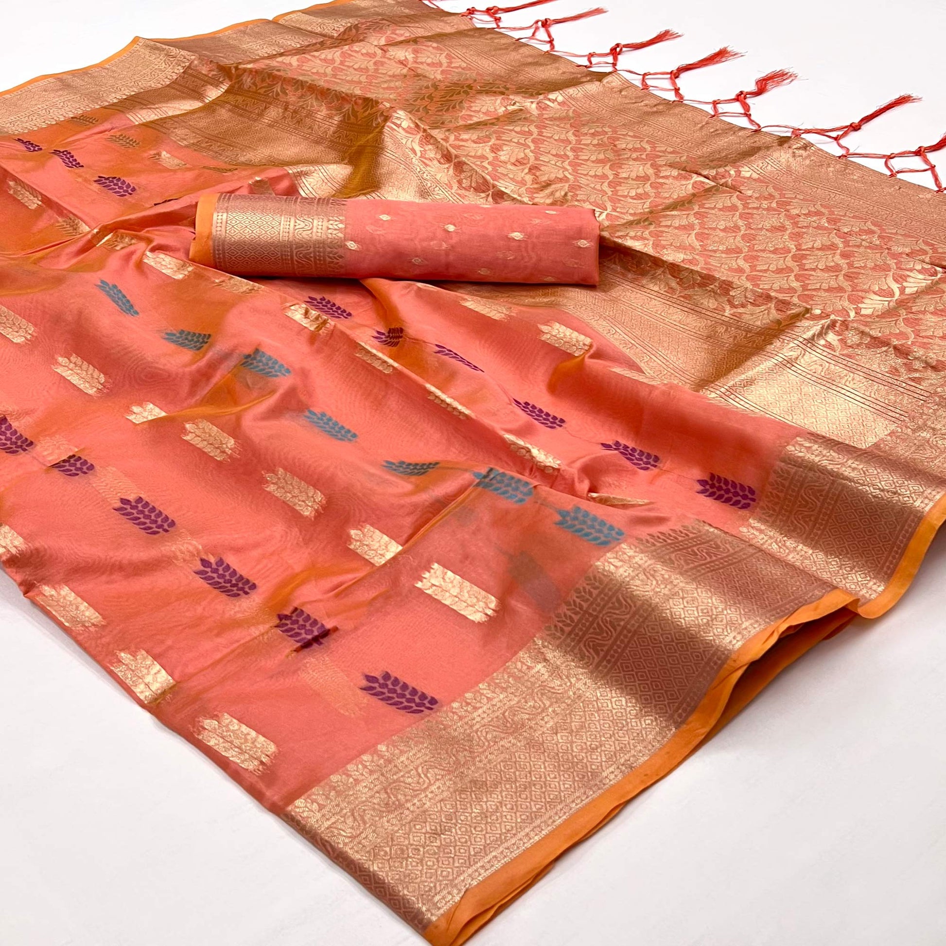 Dark Peach Floral Woven Organza Saree
