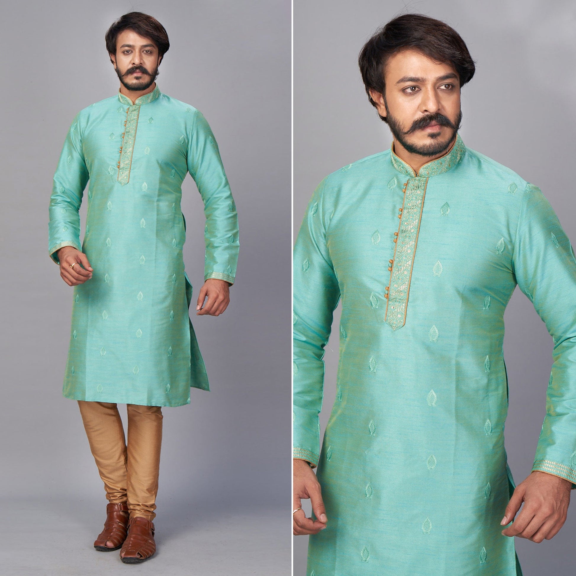green-embroidered-jacquard-kurta-pyjama-set