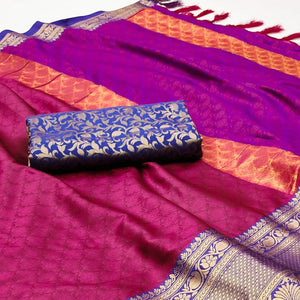 Magenta Pink Printed And Woven Cotton Silk Saree With Tassels