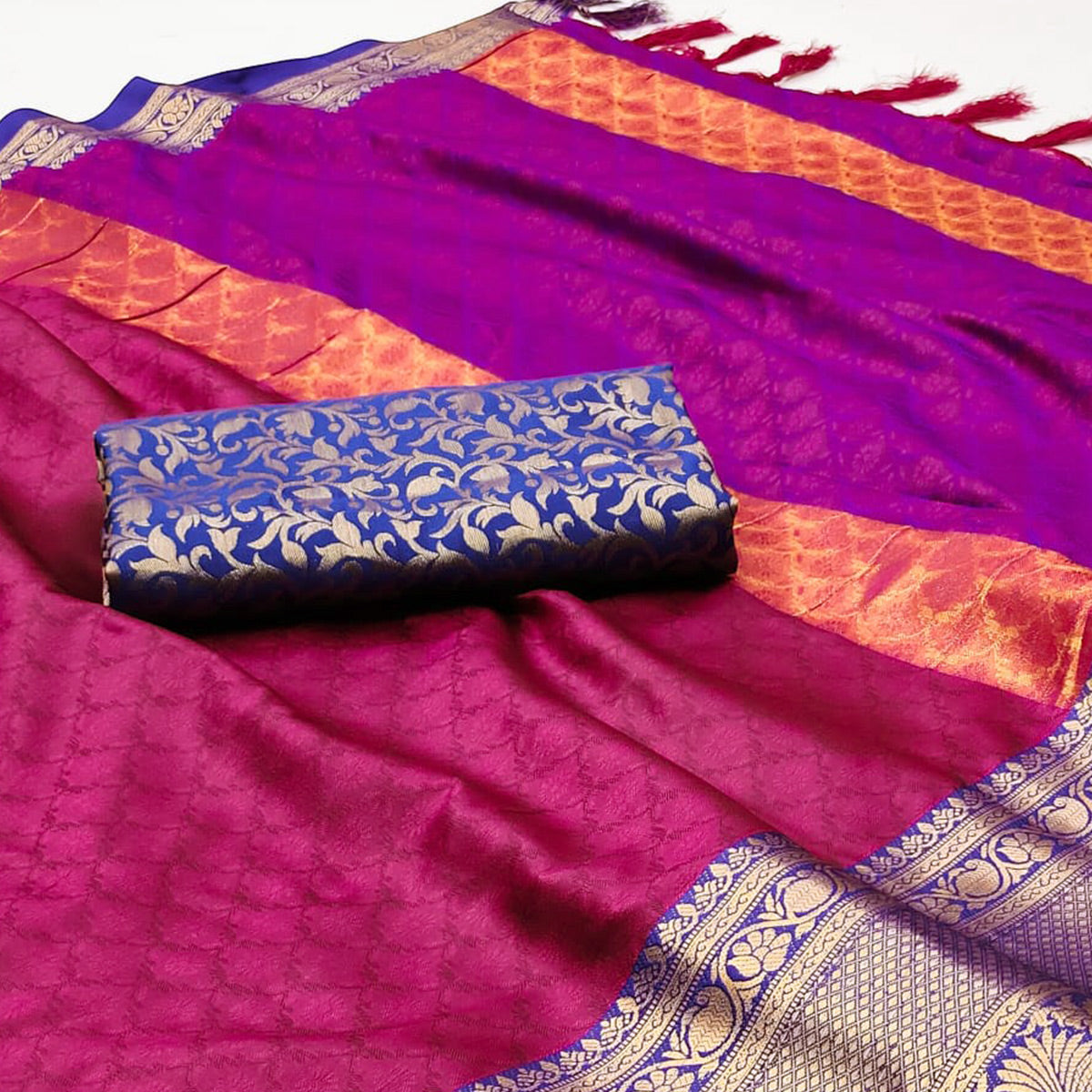 Magenta Pink Printed And Woven Cotton Silk Saree With Tassels