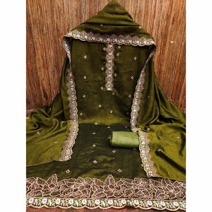 Mehendi Green Floral Embroidered Vichitra Silk Dress Material