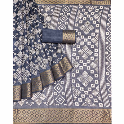 Grey Printed Cotton Silk Saree