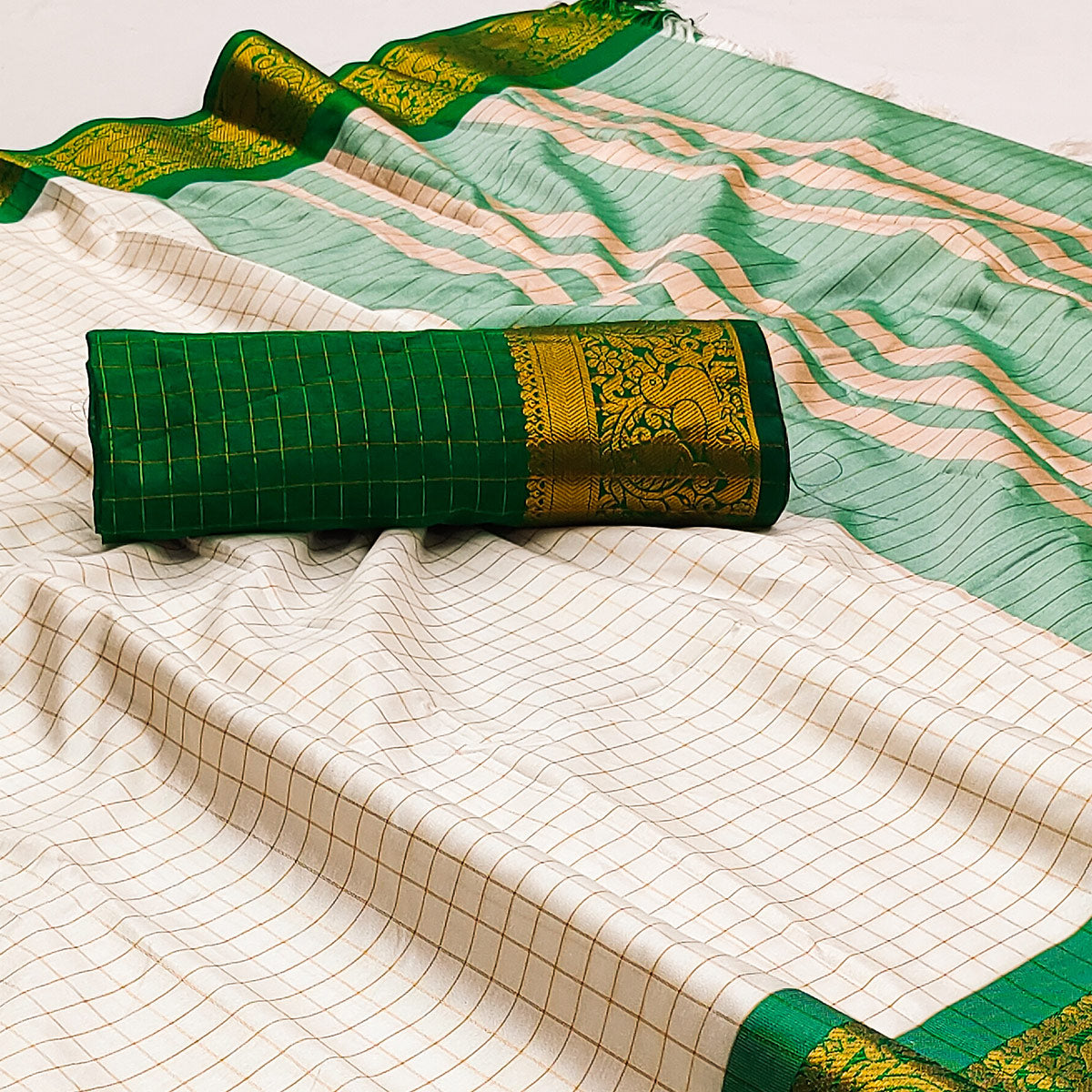 Cream And Green Woven Cotton Silk Saree With Tassels